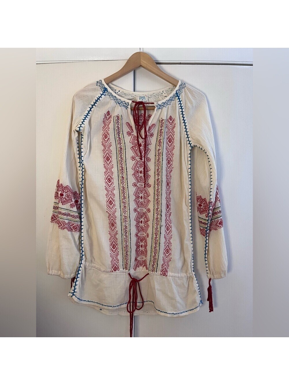 Vintage Free People Embroidered Peasant Blouse Tunic Tassel Tie White Red Size 6